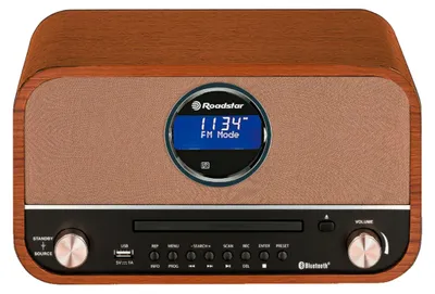 A front view of a wooden retro-style radio with a digital display and controls.