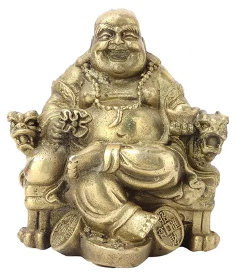 Messing Buddha Maitreya, sitzend auf Münzen, Feng Shui Glücksbringer