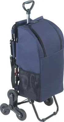 A navy blue shopping trolley with a three-wheel system for stairs.