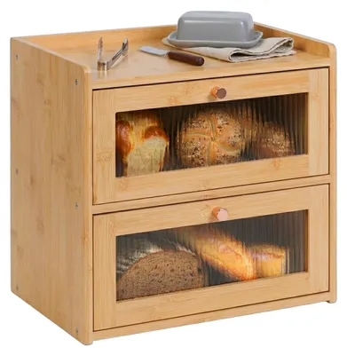 Zdjęcie produktu dla Relaxdays – bambusowa skrzynka na chleb, 2 poziomy, szuflada na chleb z okienkami, drzwi na zawiasach, wymiary: 34 x 36,5 x 24 cm, skrzynka na chleb, kolor naturalny