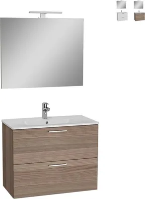 Immagine prodotto di Mobile pensile da bagno da 80 cm con lavabo, 2 cassetti e specchio a LED Mia - Marrone