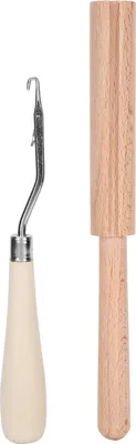 Produktbild von Gebogenes Knüpfhaken-Werkzeug, DIY handgefertigte Teppich-Häkelnadel, Holzfadenschneider-Set