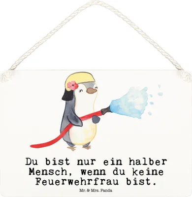 Produktbild von Mr. & Mrs. Panda Schild Feuerwehrfrau Herz DIN A6 - Weiß - Geschenk, Feuerwehr, Ausbildung, Dekoschild, Freiwillige, holzbild, kleine aufmerksamkeit, Türschild