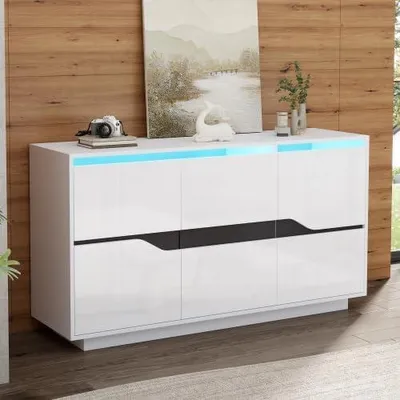 Produktbild von Kommode mit Schubladen, Sideboard Hochglanz Weiß Schwarz mit LED-Beleuchtung & App-Steuerung – TV Schrank 140x40x70 cm, 3 Türen & verstellbare Einlegeböden, Aufbewahrungsschrank für Wohnzimmer