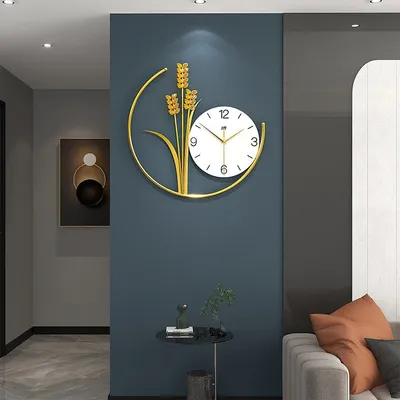A modern living room with a decorative wall clock featuring a wheat motif.