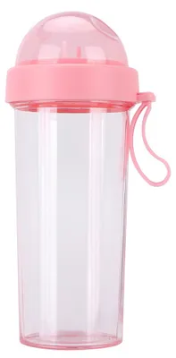 Imagen del producto de Botella de agua portátil de 600 ml con dos pajitas, vaso reutilizable para actividades al aire libre, deportes, color rosa