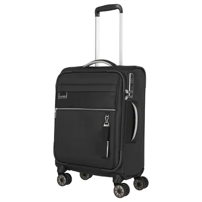 A black trolley suitcase with a telescopic handle and four wheels, shown against a white background.