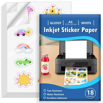Imagen del producto de Papel adhesivo blanco brillante, resistente al agua, 18 hojas tamaño A4, para impresoras de inyección de tinta