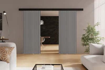 Produktbild von Schwebetüren 150 cm Belor Duo - Schiebetür mit Lamellen imitation, Design Zimmertür - Schiebetürsystem (Weiß)