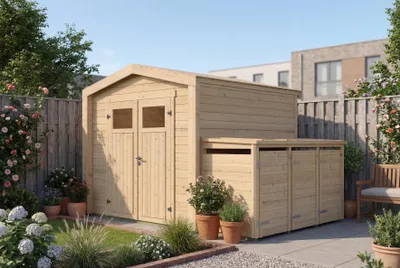 Produktbild von Gartenhaus Killarney, 235x235cm, Naturbelassen, 19mm, Mülltonnenbox
