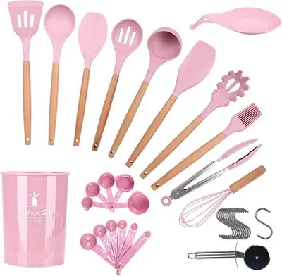 Image de Set de cuisine 35 pièces en silicone rose antiadhésif