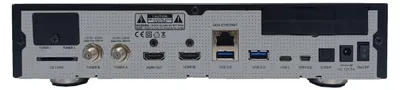 The back panel of a GigaBlue UHD Quad 4K Pro receiver, showing various ports and connectors.