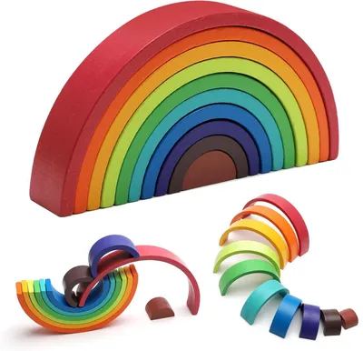 Imagen del producto de Juego de construcción de arcoíris de madera, con 10 piezas, 10 colores, fabricado en madera de caucho, para niños
