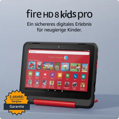 A tablet is displayed on a surface with a light gray background. Text overlays highlight product features and warranty information.