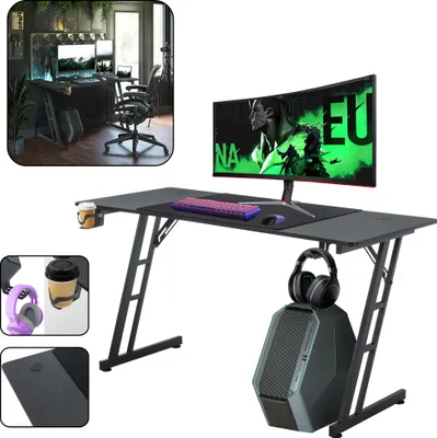 A gaming desk setup with a monitor, keyboard, headphones, and computer tower, along with smaller inset images of accessories.