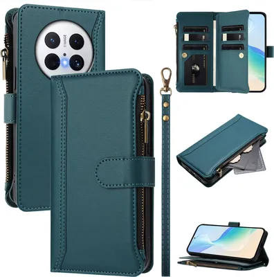 Obrázek produktu pro Pouzdro pro Huawei Mate 70, zipem, peněženkovéPolyuretankožené flip pouzdro s kapsami na karty, stojánkem a poutkem na ruku zelený