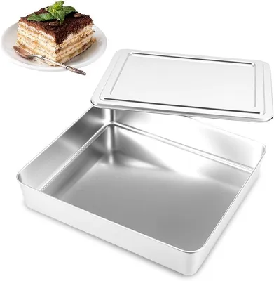 Produktbild von PolkaHome® Rechteckige Auflaufform mit Deckel aus Edelstahl, 33 x 28,5 x 6 cm, vielseitig für Tiramisu, Salate & mehr
