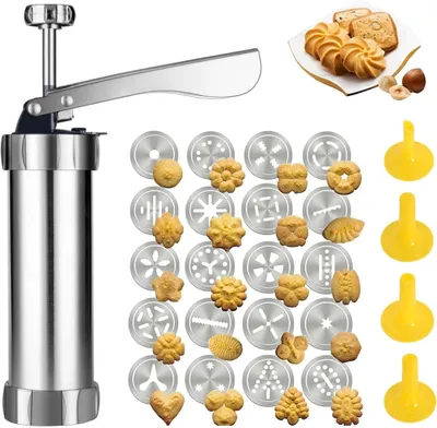 Produktbild von Gebäckpresse Set, Spritzgebäck Presse Edelstahl mit 20 Schablonen und 4 Tüllen, Tragbar Gebäckpresse für Spritzgebäck, Keksformen für DIY Plätzchen