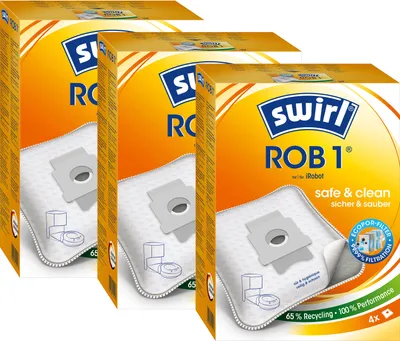 Three boxes of Swirl ROB 1 vacuum cleaner bags are displayed side-by-side against a white background.
