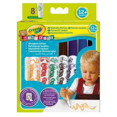 A box of Crayola Mini Kids Washable Markers, with a child drawing in the foreground.