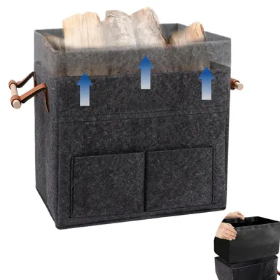 Image de Panier en feutre gris pour bois de chauffage, extensible de 35 à 50 litres, avec sac intérieur et poche frontale