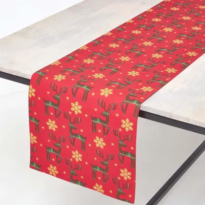 Immagine prodotto di HOMESCAPES runner da tavola natalizio con renna, 100% cotone, rosso, 35 x 180 cm
