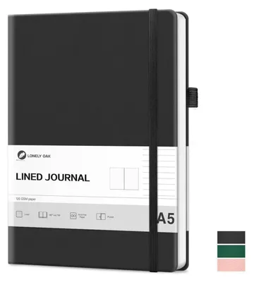 Immagine prodotto di Quaderno A5 a righe, copertina rigida, carta premium da 120 g/m², 160 pagine, colore nero