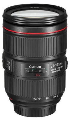 A close-up studio shot of a Canon camera lens.