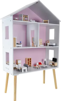 Produktbild von Bandits & Angels Puppenhaus aus Holz, weiß-rosa, moderne Villa, ab 3 Jahren, 115,5 cm hoch – inklusive 47 Möbelstücken – Puppenhaus – Puppenspielzeug