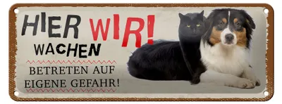 Produktbild von Blechschild Hinweis Hund Katze hier wachen wir eigene Gefahr, 27 x 10 cm, Blechschilder Tiere Achtung