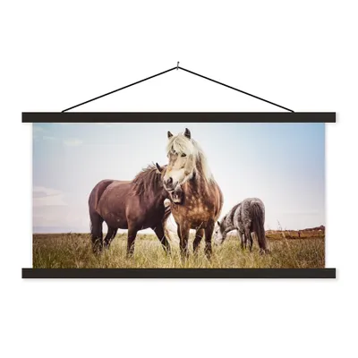 Produktbild von MuchoWow® Textilposter Pferde - Gras - Frühling 150x75 cm mit schwarzem Rahmen - Posterleiste