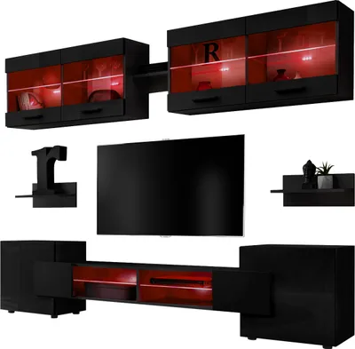 Produktbild von Komodee | Wohnwand, Wohnzimmerset RTV Foggia, Korpus Schwarz Matt Frontfarbe Schwarz Hochglanz, LED RGB