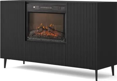 A black sideboard with an integrated electric fireplace.