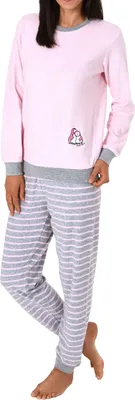 Produktbild von Damen Frottee Pyjama langarm mit Bündchen und niedlicher Pinguin Stickerei - 291 13 779 ; rosa , 36
