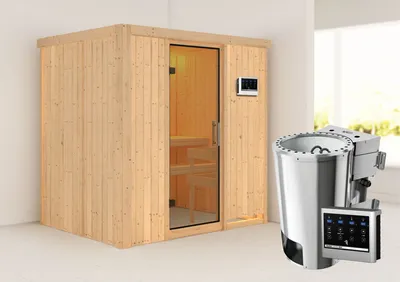 Produktbild von Karibu Sauna Innensauna Fanja Fronteinstieg Ofen 3,6 kW -Ofen externe Strg. easy 196x151x198 cm ohne Dachkranz mit Klarglastür