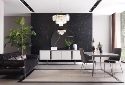 Produktbild von Esszimmer Garnitur Sofa Tisch 4x Stuhl Set Anrichte Spiegel Möbel 8tlg