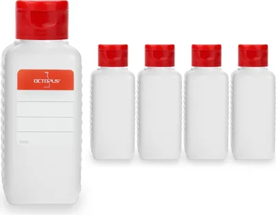 Immagine prodotto di 5 bottiglie di plastica quadrate da 100 ml in HDPE, naturale, G25, tappo a cerniera in PP rosso