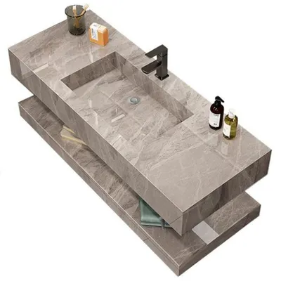 Produktbild von Badezimmer Waschbecken Set LED-Spiegel - Sinterstein - Ablageplatte Grau 130x55cm 【YT006-130】