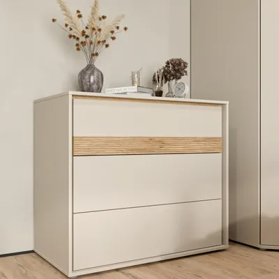 Produktbild von Forte WEXLIN Kommode 95 100, moderne Kommode mit 3 Schubladen, Kinder- und Jugendzimmer, Holzwerkstoff, Kaschmir | Beige |Mauvella Eiche Holzdekor, 96,3 cm breit x 84,1 cm hoch x 50,2 cm tief