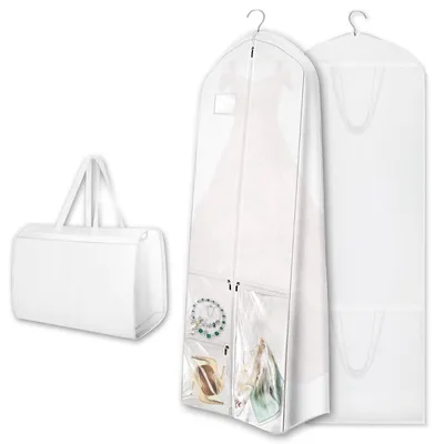 Image de Housse à vêtements, longue, 180 x 60 cm, housse pliable à 4 compartiments, housse respirante avec poignées, côtés de 26 cm, housse de protection anti-poussière pour vêtements, pour robes de mariée, robes de soirée, manteaux (blanche)
