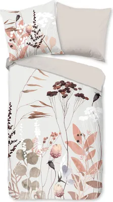 A flat lay of a duvet cover and pillowcases with a floral and leaf pattern.