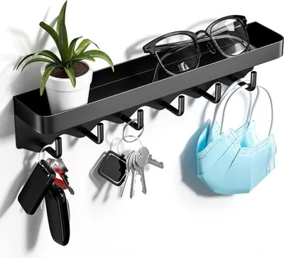 Produktbild von Schlüsselregal mit Ablage und 6 Haken - Schlüsselhalter - Schlüsselorganizer - Schlüsselregal ohne Bohren - zur Aufbewahrung - weiß