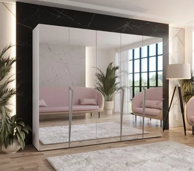 Produktbild von Breiter Kleiderschrank 250 cm SORAYA 3 mit Spiegel - weiß / Griffe aus Kaschmir