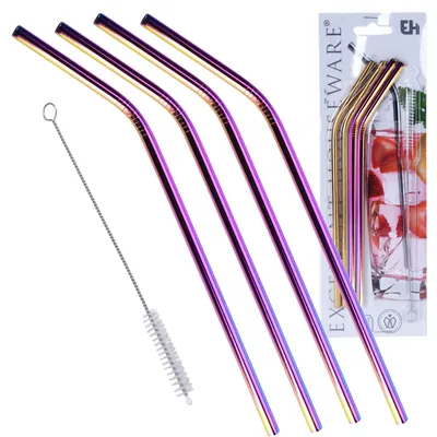 Zdjęcie produktu dla Zestaw 4 słomek i szczoteczki do czyszczenia Excellent Houseware, stal nierdzewna, 25 cm, złoty