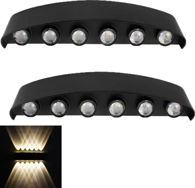 Image de Lot de 2 appliques murales d'intérieur et d'extérieur « Up Down » en aluminium, spots muraux modernes orientables vers le haut et vers le bas, 12 W, IP65, pour couloir et jardin, noir, blanc chaud