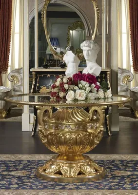 Produktbild von Casa Padrino Luxus Barock Esstisch Gold / Silber Ø 120 x H. 78 cm - Prunkvoller handgeschnitzter Esszimmertisch mit Glasplatte - Hotel Restaurant Schloss Möbel - Luxus Qualität -  Italy