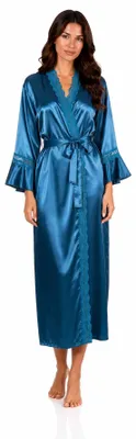 Produktbild von Damen Satin Morgenmantel Kimono mit Spitze Seidenoptik Hausmantel Petrol XXL/44