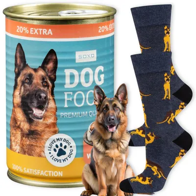 Produktbild von Lustige Herren-Baumwollsocken mit Deutschem Schäferhund Motiv Gr. 40-45 – Socken in der Dose von SOXO – Geschenk für Männer zum Geburtstag