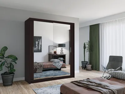 Produktbild von Krudox LUX Wenge Schiebetürenschrank Kleiderschrank 180x216x62 cm mit Spiegel - Schlafzimmermöbel – Mehrzweckschrank mit 2 Kleiderstangen