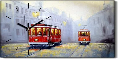 Produktbild von Wandbild Leinwand Bilder Wanduhr 60x30 Straßenbahn in alten Stadt Landschaft - schwarze Hände